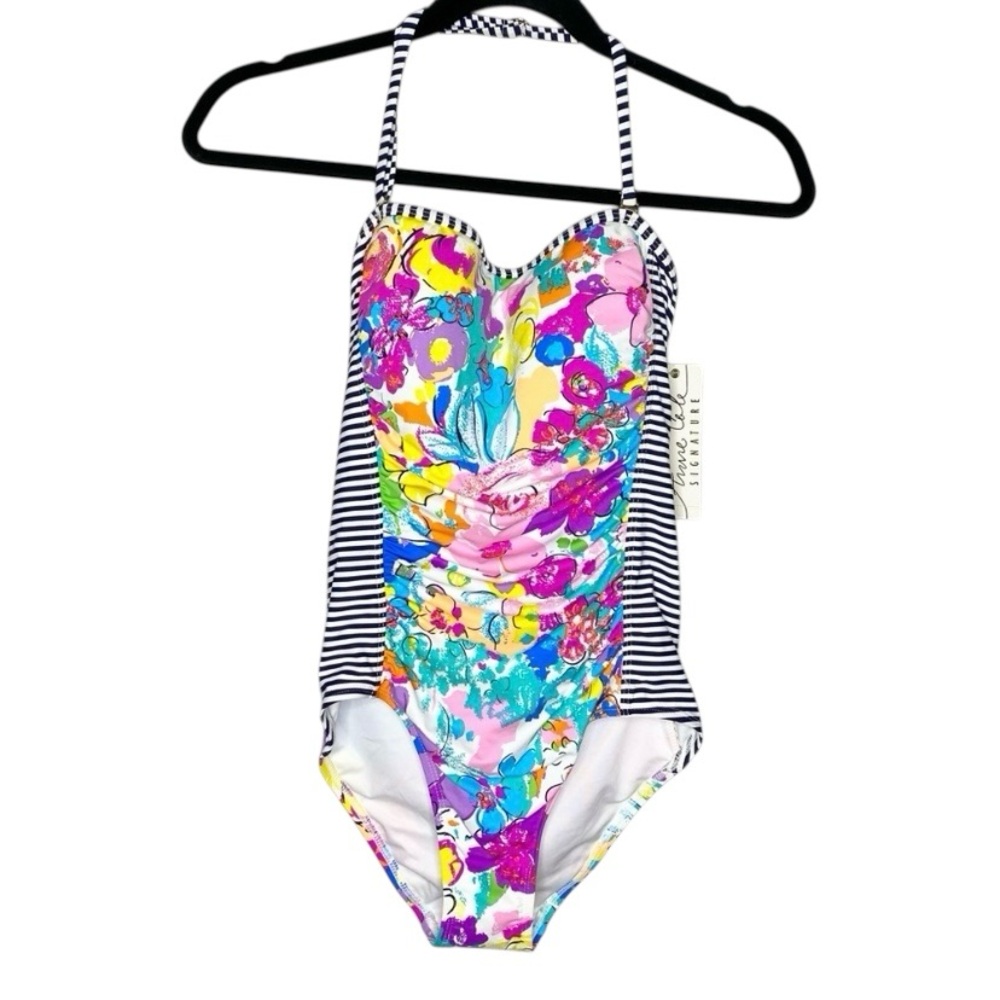 Anne Cole Floral Halter One Piece Swimsuit Shirred Tummy Control NWT Sz 6